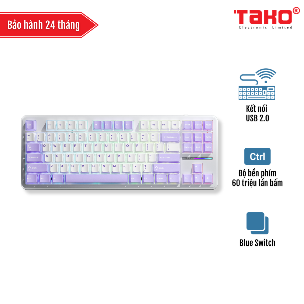 AULA F87 BÀN PHÍM CƠ GAMING CÓ DÂY (Phiên bản tím trắng/blue switch)