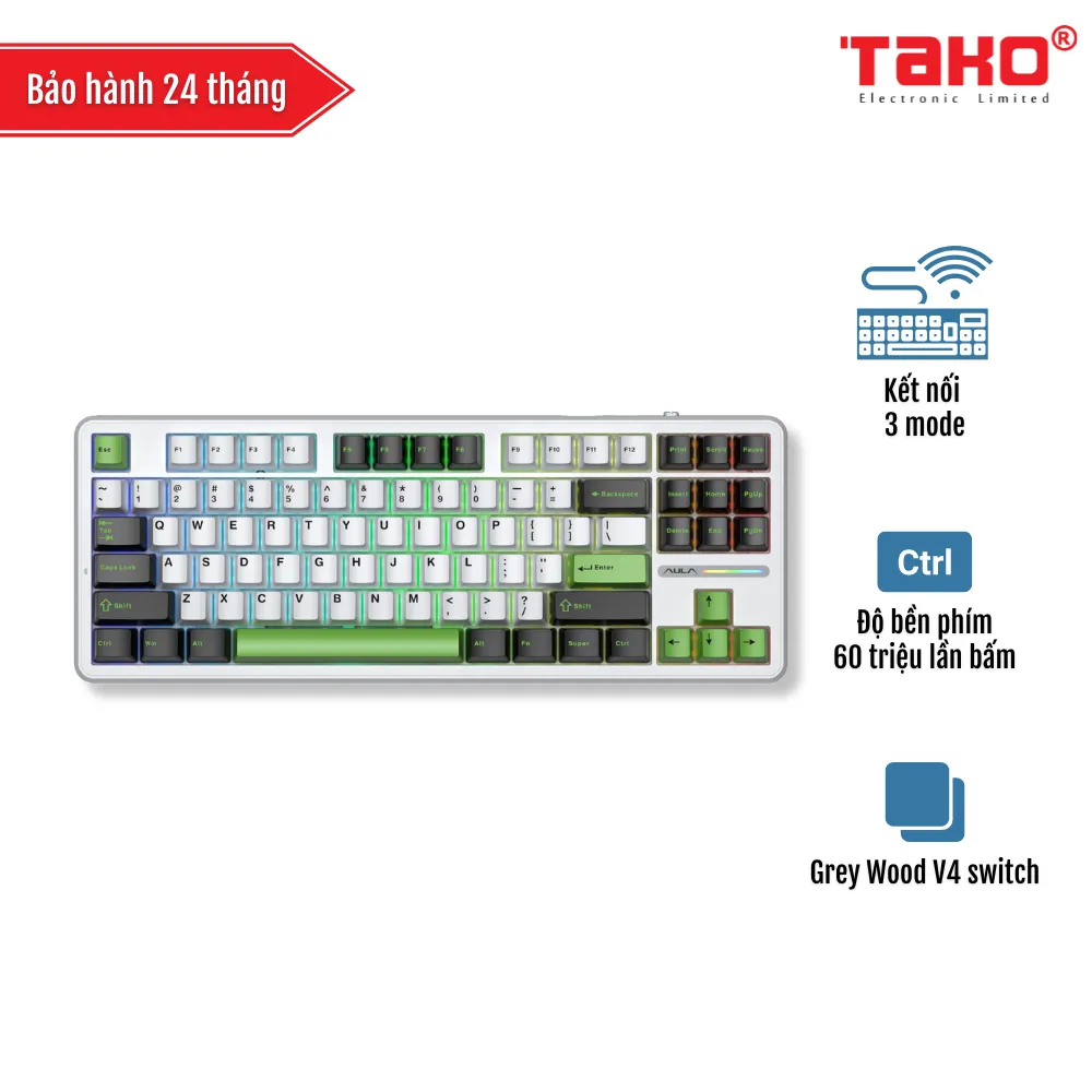 AULA F87 BÀN PHÍM CƠ GAMING 3 MODE (Phiên bản đen + trắng + xanh lá/ Grey Wood V4 Switch)