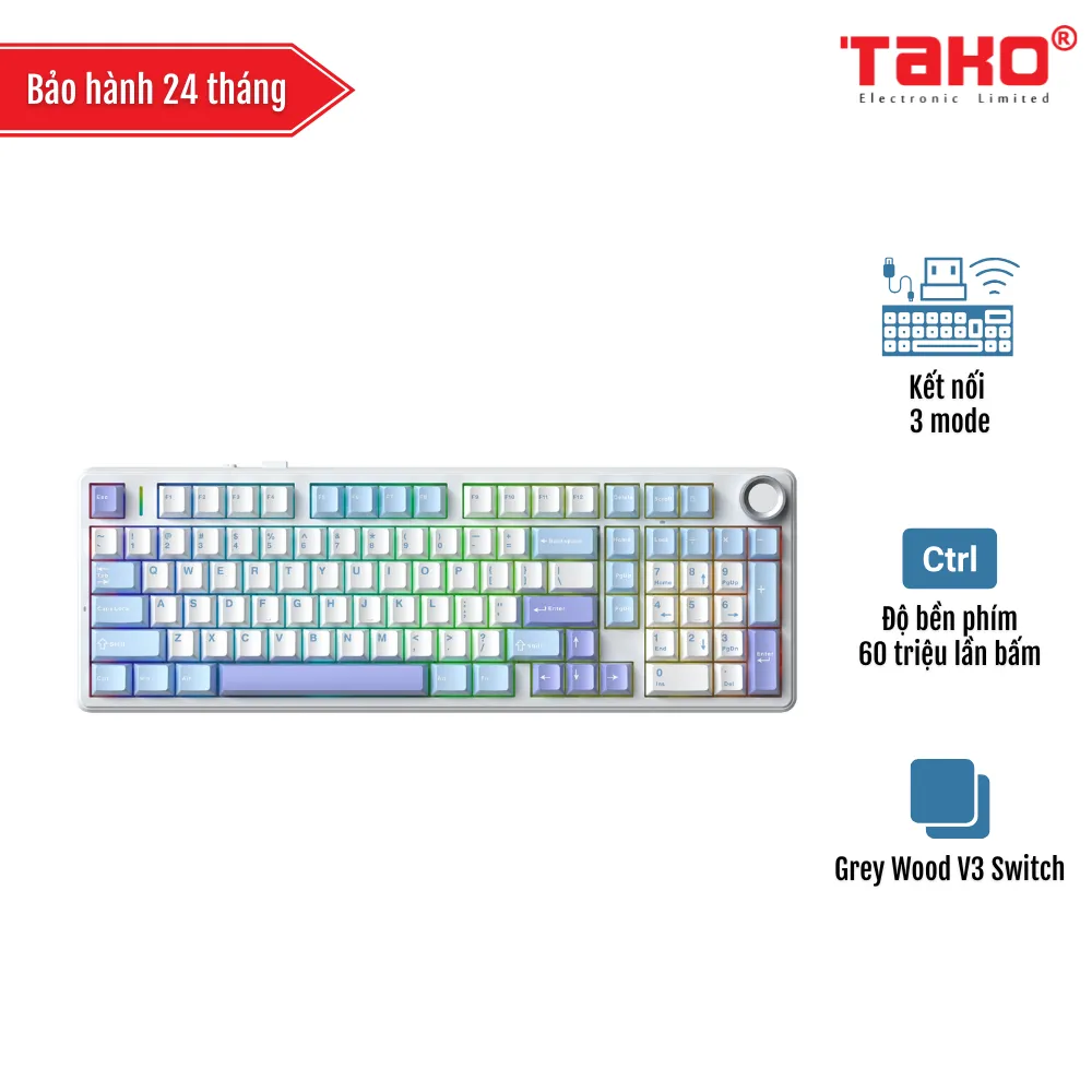 AULA F99 PRO BÀN PHÍM CƠ GAMING 3 MODE (Phiên bản Có núm xoay/ Xanh dương + Trắng + Tím/ Grey Wood V3 Switch)