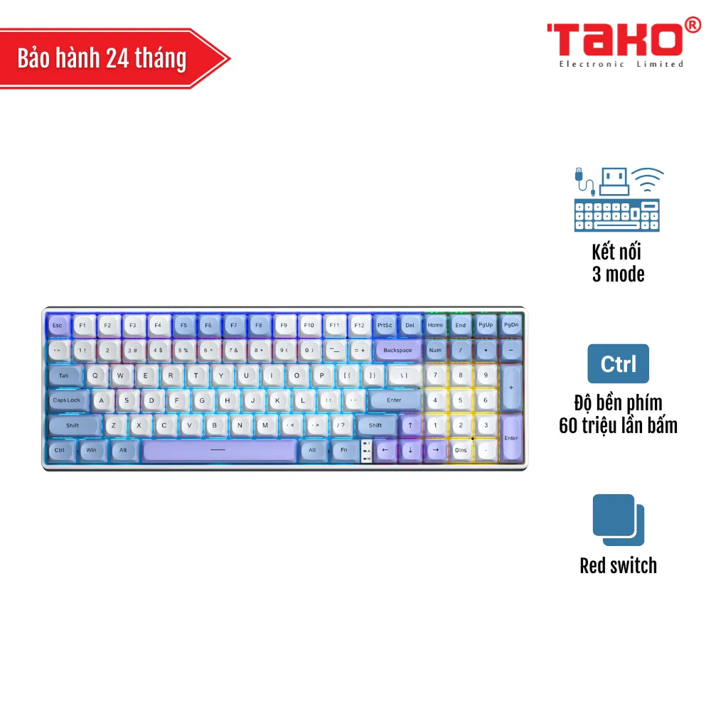 AULA S100 PRO BÀN PHÍM CƠ GAMING 3 MODE (Phiên bản Xanh dương+trắng+tím/ Red switch)