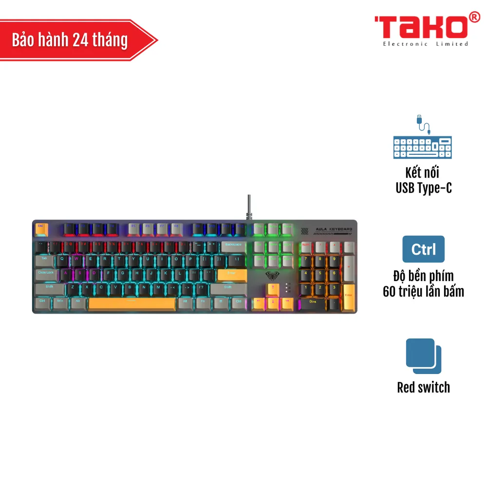 AULA S500 (4869) BÀN PHÍM CƠ GAMING CÓ DÂY (Phiên bản Xám+đen+vàng/ Red switch)
