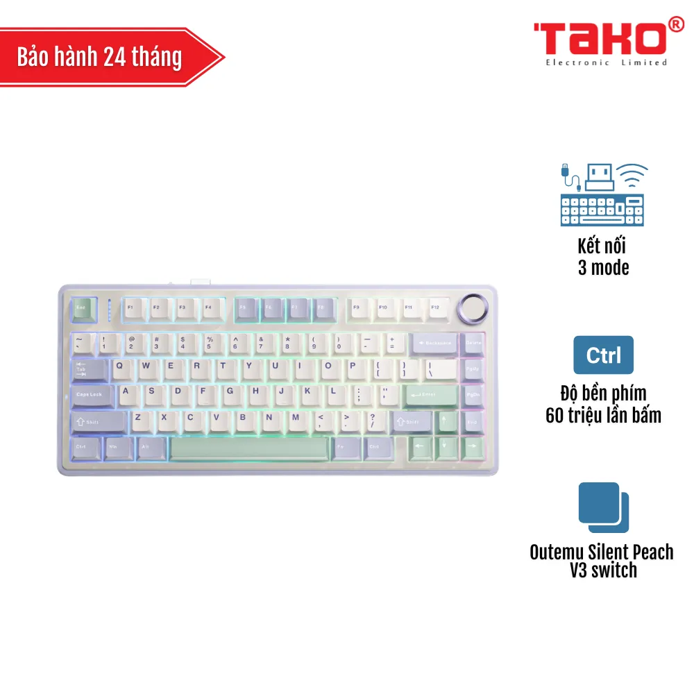 AULA F75 (2100) BÀN PHÍM CƠ GAMING 3 MODE (Phiên bản màu Tím nhạt + Be + Xanh lá/ Outemu Silent Peach V3 switch)