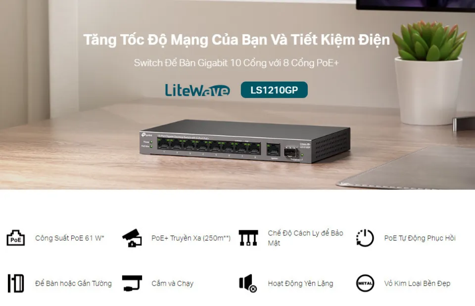LS1210GP Switch Để Bàn Gigabit 10 Cổng với 8 Cổng PoE+