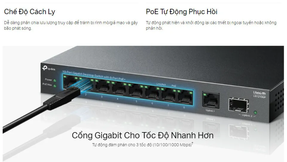 LS1210GP Switch Để Bàn Gigabit 10 Cổng với 8 Cổng PoE+